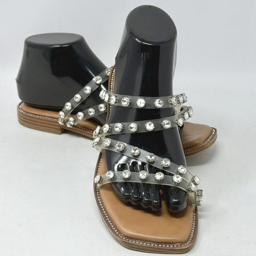 Steve Madden Skyler Clear Rhinestone Strappy Flat Sandal Tan 8M Glam Going Out